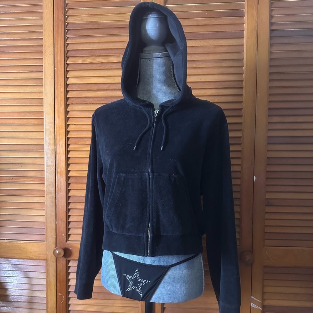 Vanilla Star Black Velour Cropped Zip Sweatshirt